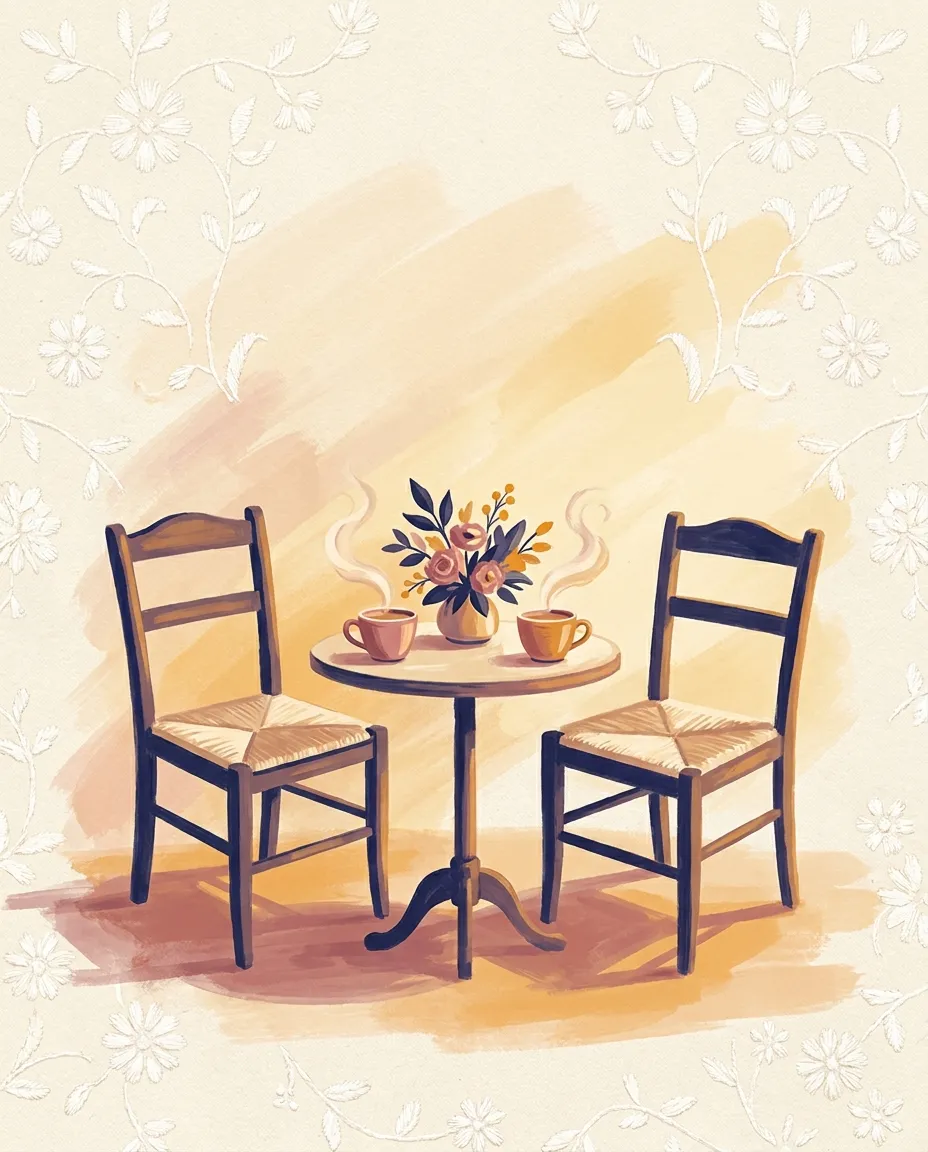 Two empty chairs facing each other across a table set with two cups of chai.