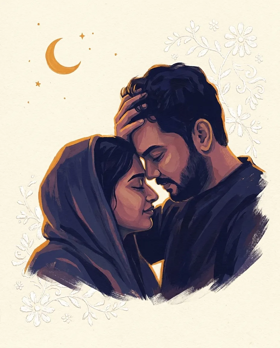 Anshika and Arjit close together in low warm light beneath a crescent moon.
