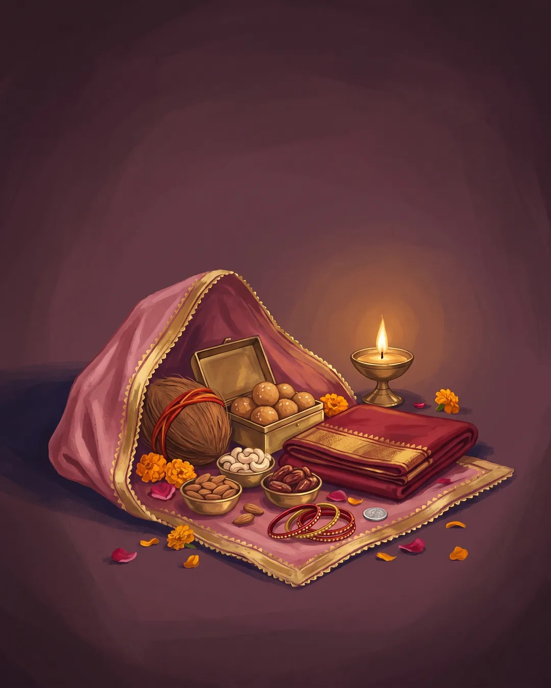 A pink silk odhni heaped with a coconut in red thread, sweets, dry fruits, a folded red saree and bangles.