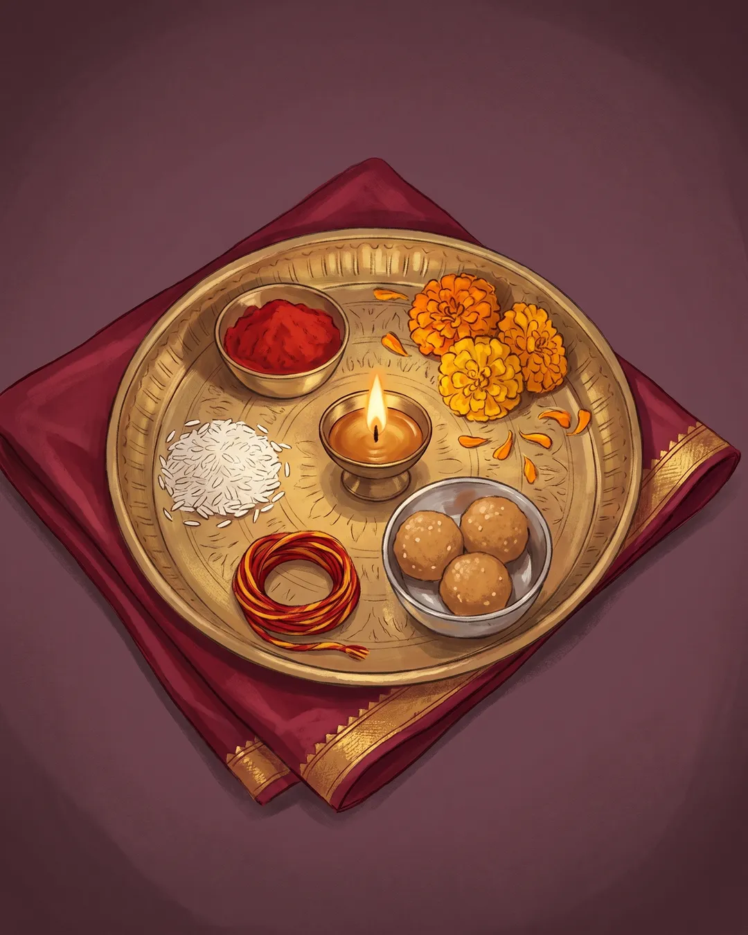 A brass puja thali with red roli, rice and a lit diya, on deep red silk.