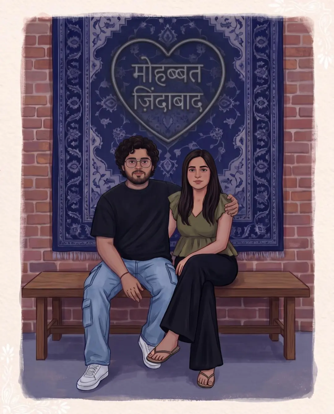Arjit and Anshika on a café bench as a neon heart reading मोहब्बत ज़िंदाबाद lights up above them.