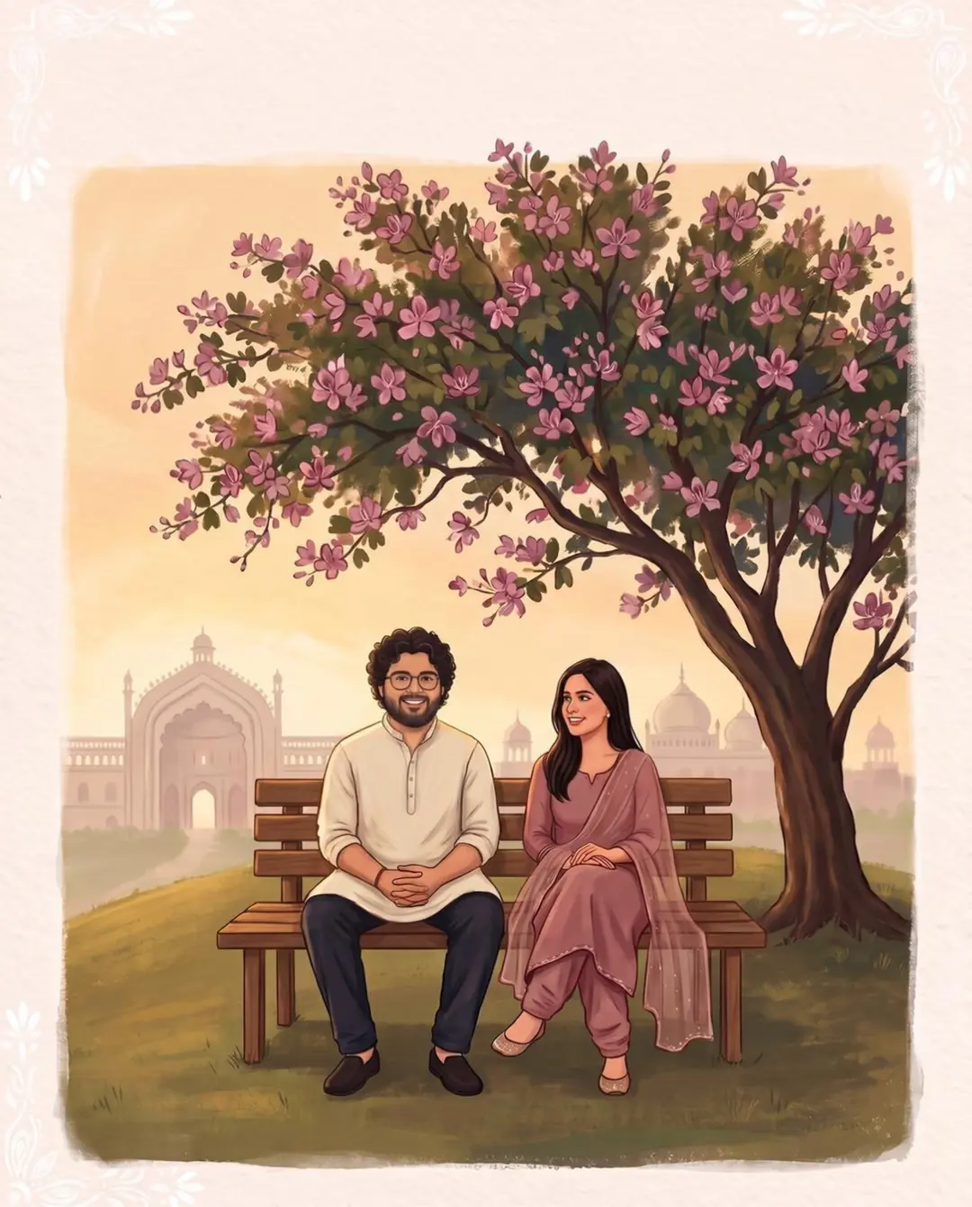 Arjit and Anshika on a bench beneath a flowering kachnar tree as afternoon turns to dusk and they move close together.